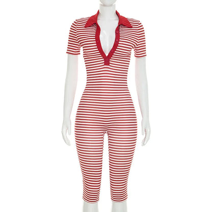 Striped V-Neck Button Jumpsuit