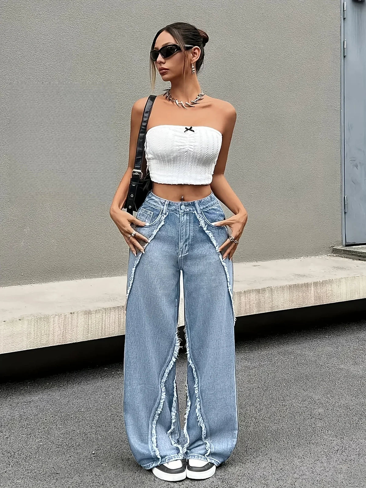 Fringed Wide-Leg Straight Jeans