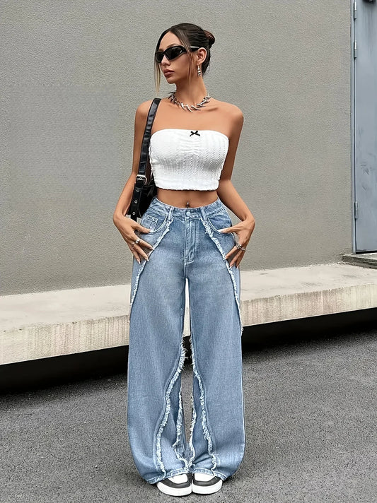 Fringed Wide-Leg Straight Jeans