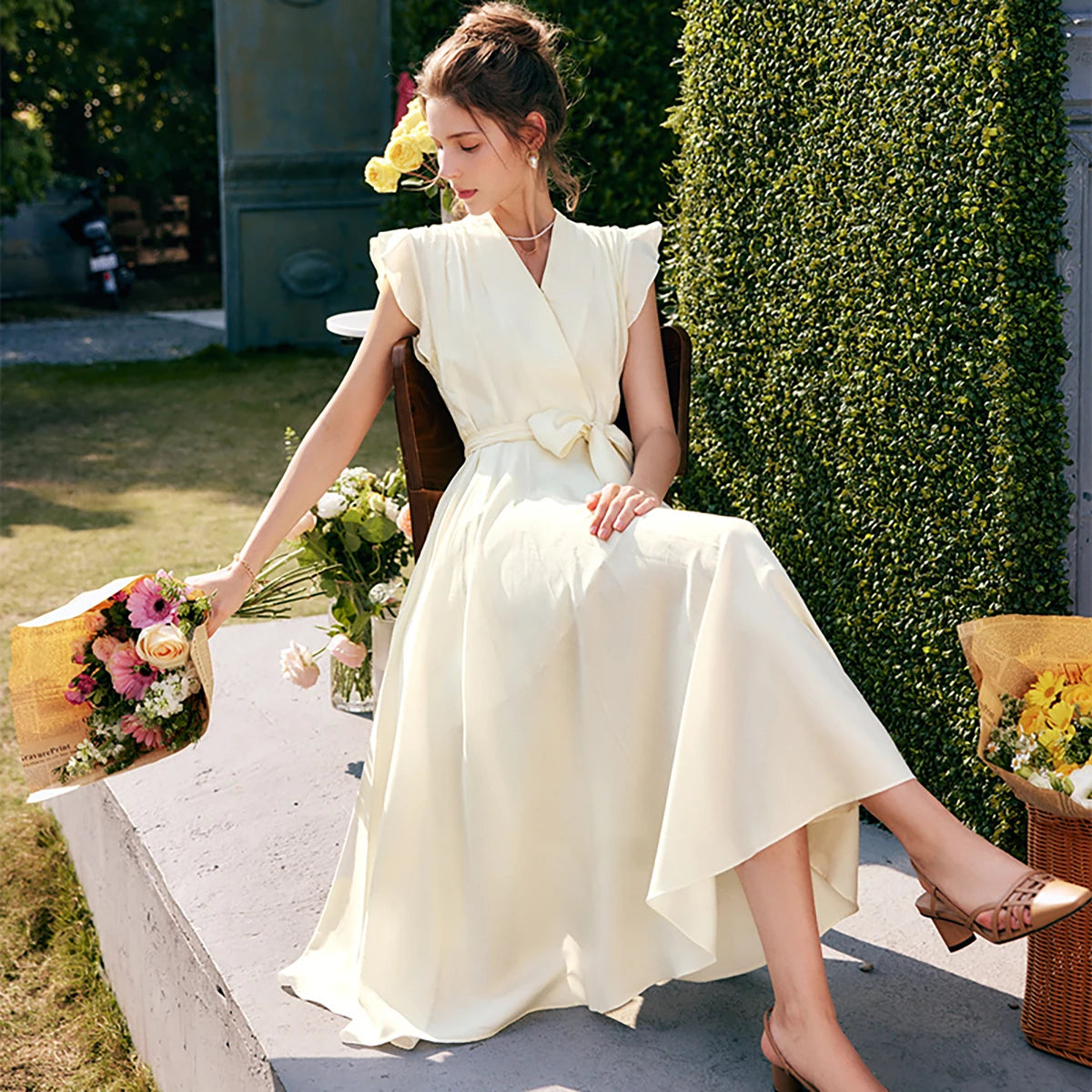 Flying-Sleeve V-Neck Midi Dress