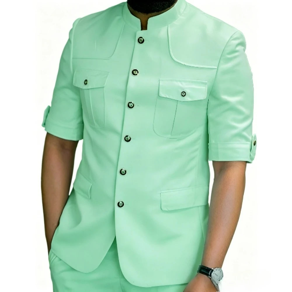 Safari Mandarin-Collar Blazer Pants Set
