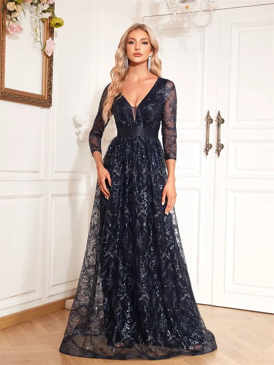 Elegant Blue V-Neck Floral Evening Dress