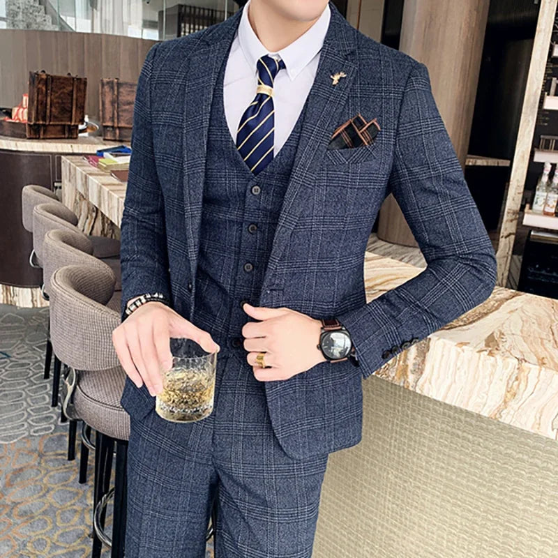 Lattice Plaid Three-Piece Formal Suit