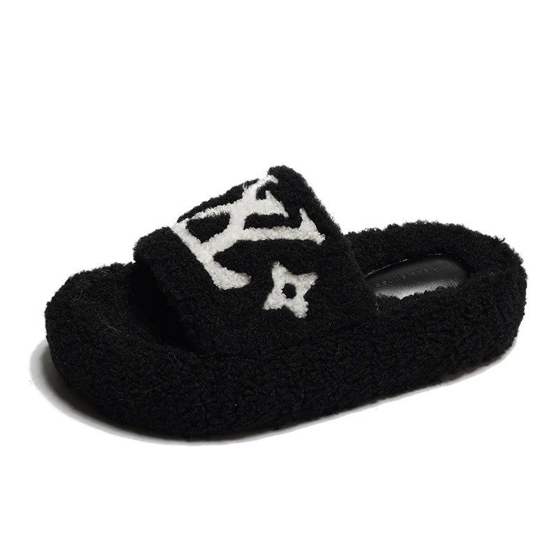 Flannel Plush Platform Slippers