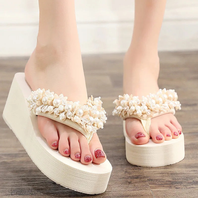 Bead String Wedge Flip Flops