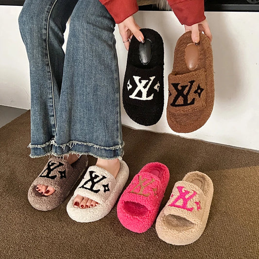 Flannel Plush Platform Slippers