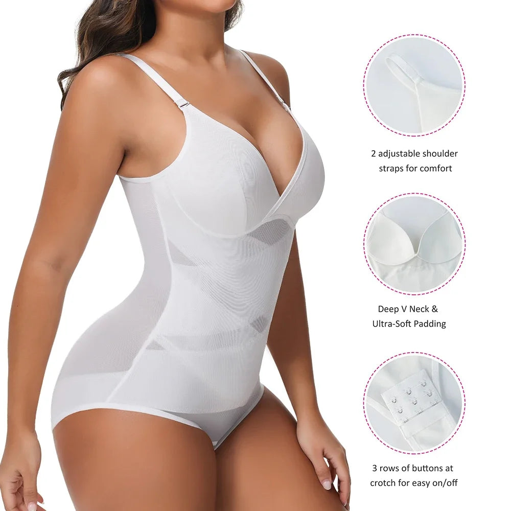 Cross-Waist Mesh Shapewear Bodysuit