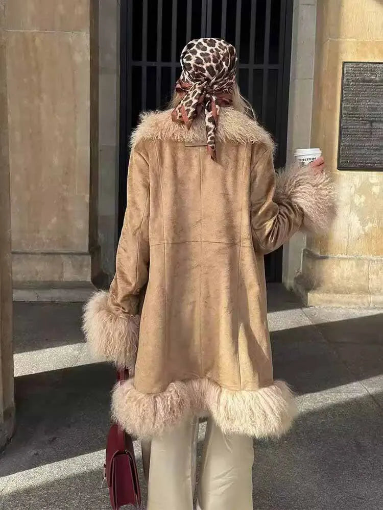 Spliced Faux Fur Overcoat