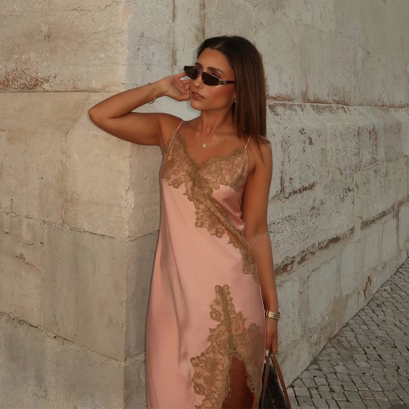 Satin Lace Asymmetric Midi Dress