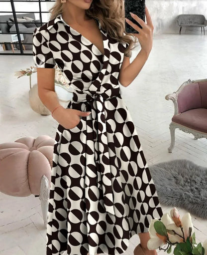 Printed V-Neck Sash Dress