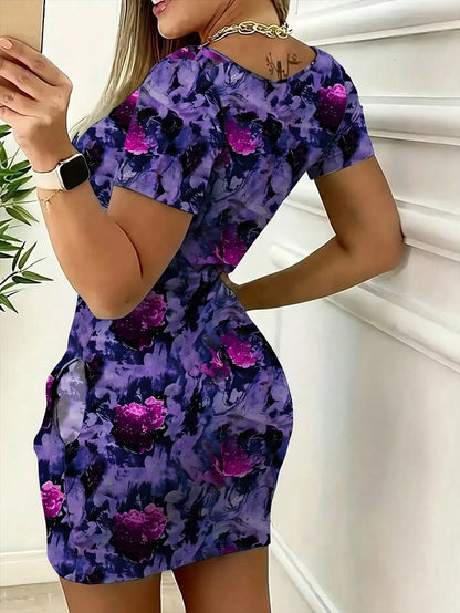 Floral Short-Sleeve Pocket Dress