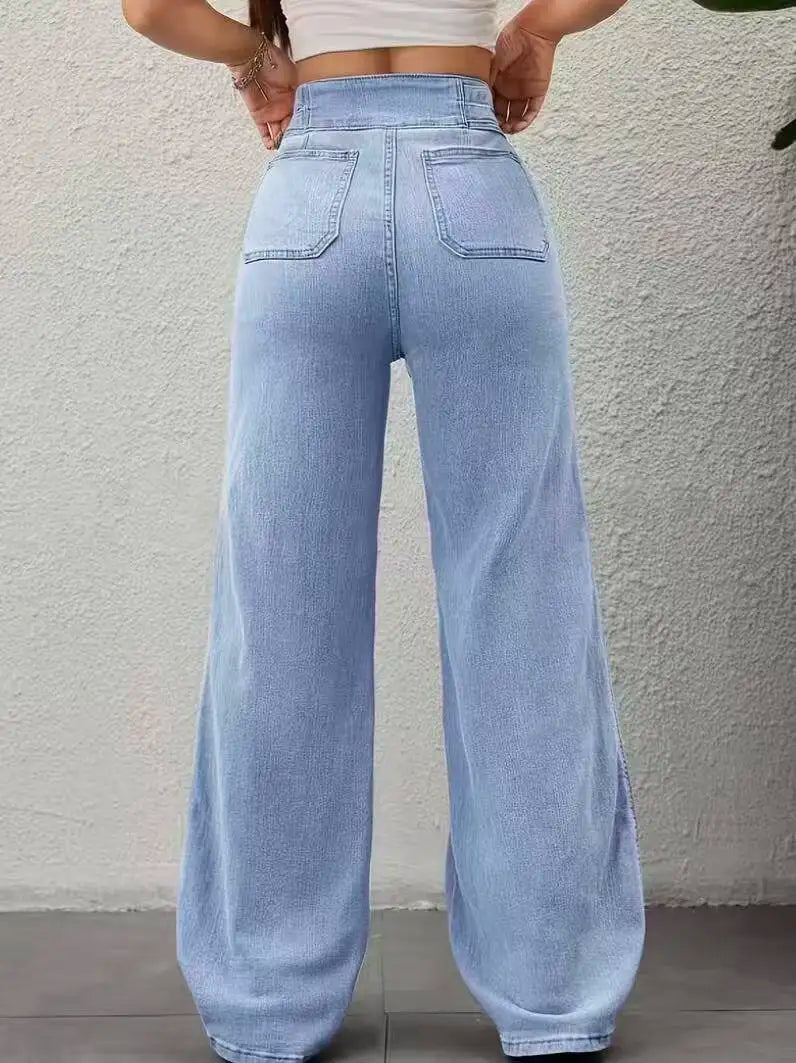 Belted Patch-Pocket Wide-Leg Jeans