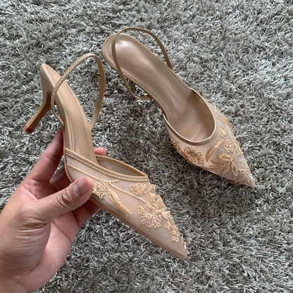 Embroidered Mesh Slingback Pumps