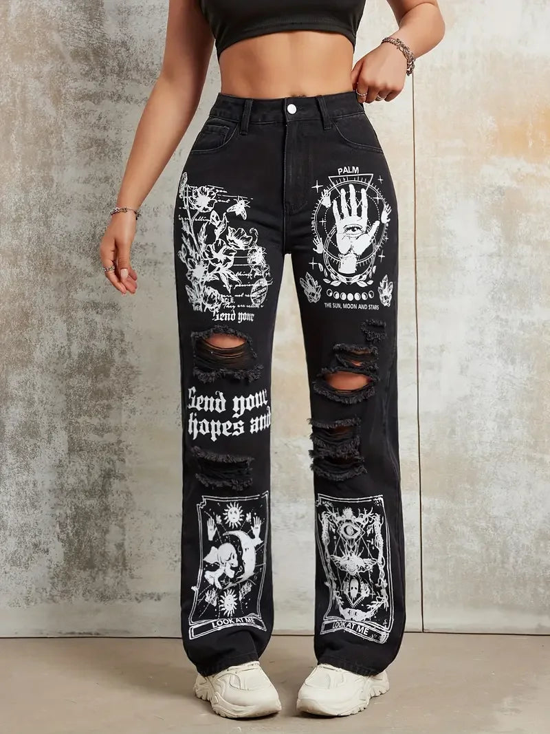 Print Ripped Straight Jeans