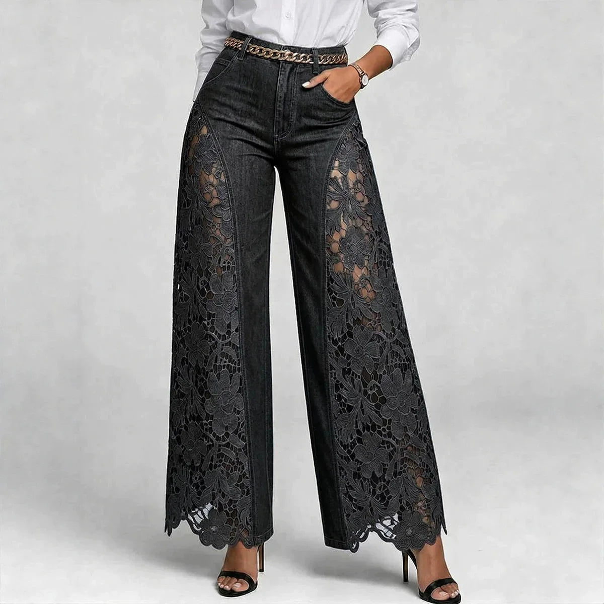 Lace Hollow-Out Wide-Leg Jeans