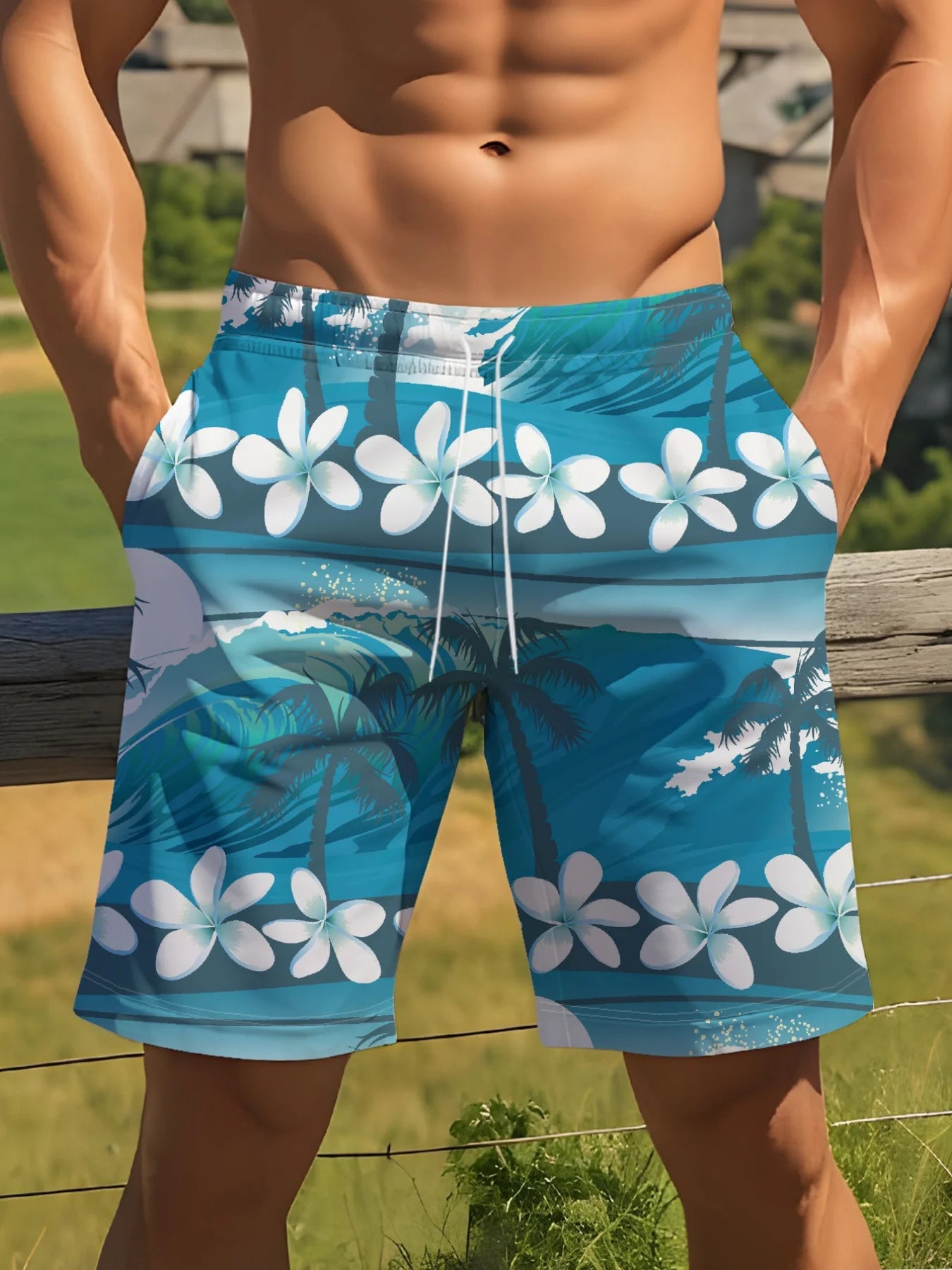 Tropical Leaf Print Swim Trunks
