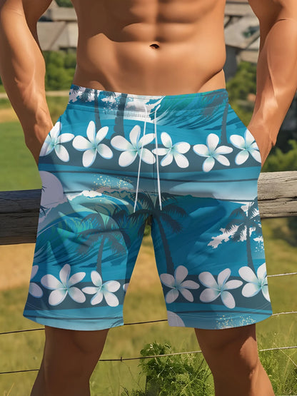 Tropical Leaf Print Swim Trunks