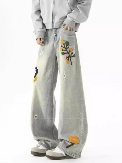Floral Embroidered Baggy Jeans