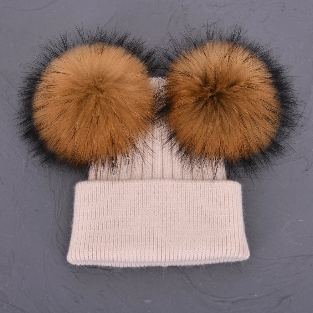 Double Fur Pompom Beanie