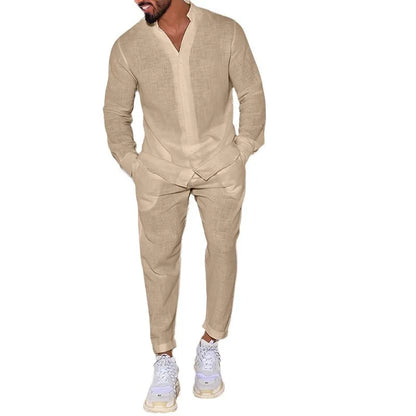 Linen Stand-Collar Loose Long-Sleeve Set