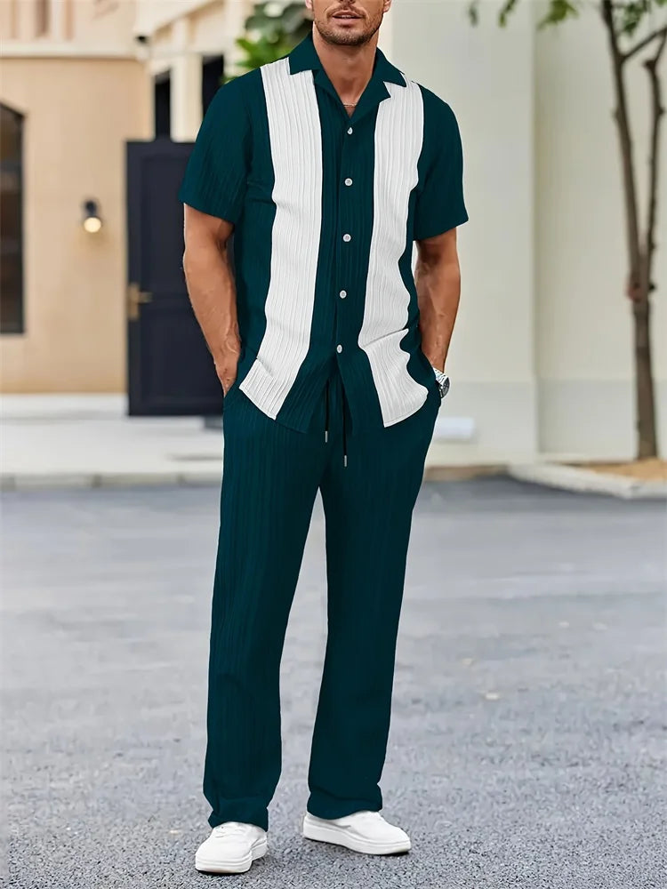 Striped 3D Print Lapel Shirt Set