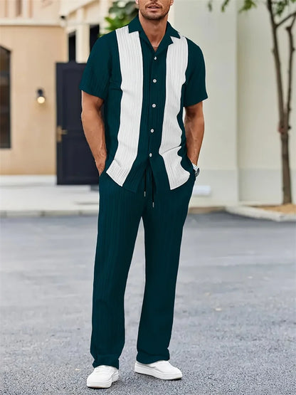 Striped 3D Print Lapel Shirt Set