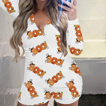 Halloween Print Long-Sleeve Jumpsuit