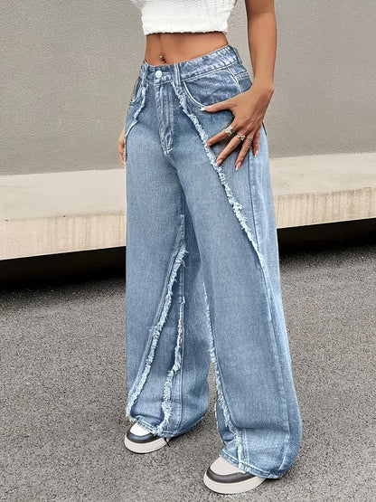 Fringed Wide-Leg Straight Jeans