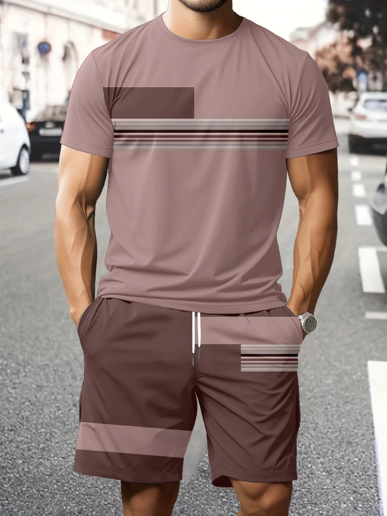 Striped Print Short-Sleeve Sports Set