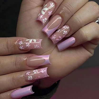 Pink Floral Almond Press On Nails