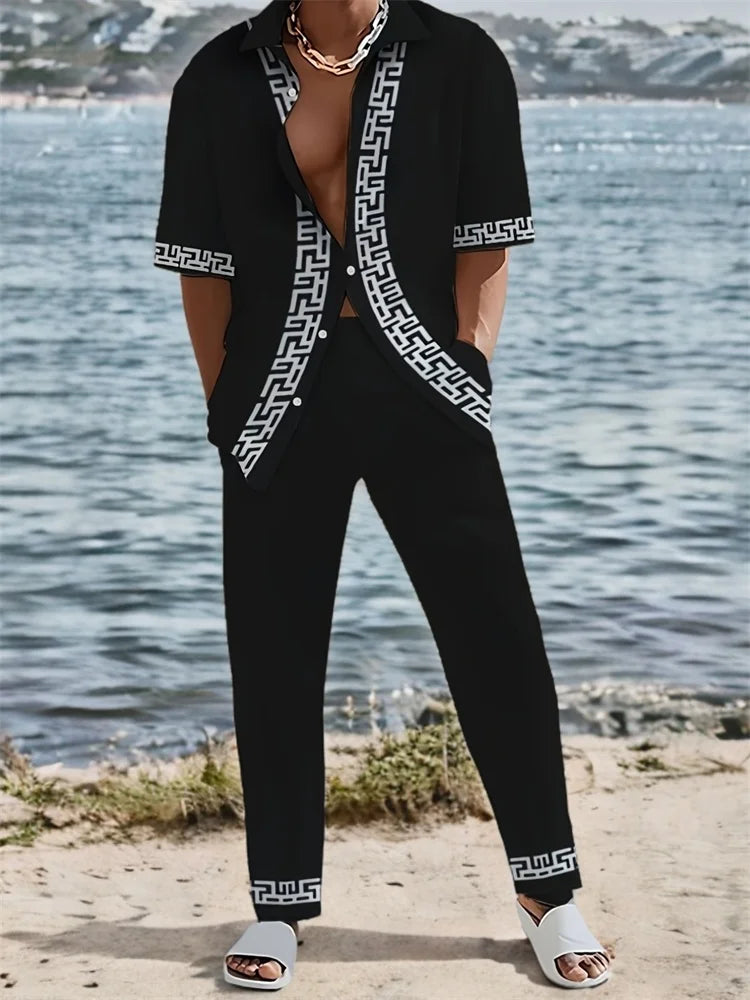 Striped 3D Print Lapel Shirt Set