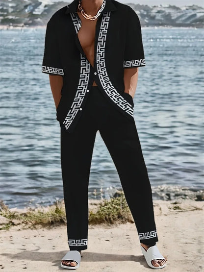 Striped 3D Print Lapel Shirt Set