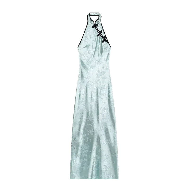 Satin Halter Qipao Maxi Dress