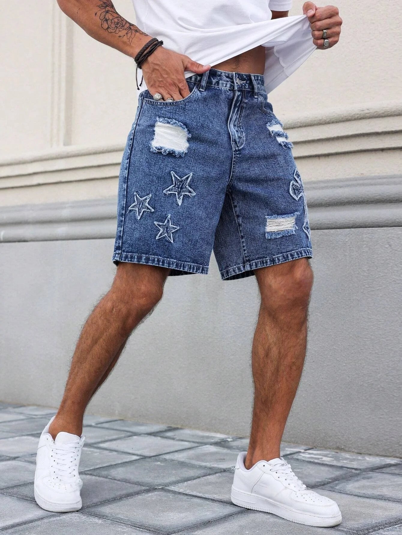 Embroidered Ripped Denim Shorts