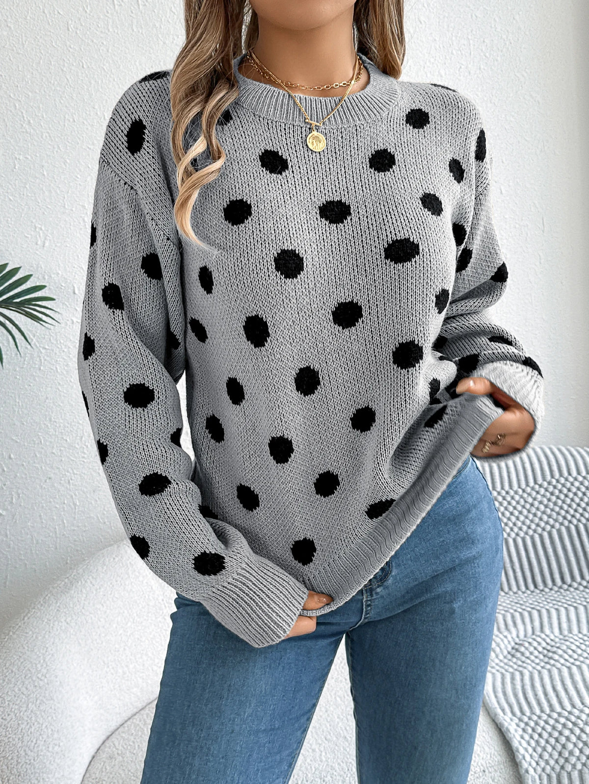 Polka Dot Lantern Sleeve Sweater
