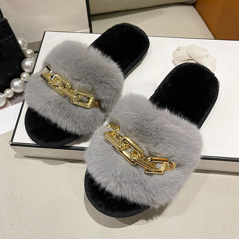 Women Metal Plush Winter Slippers