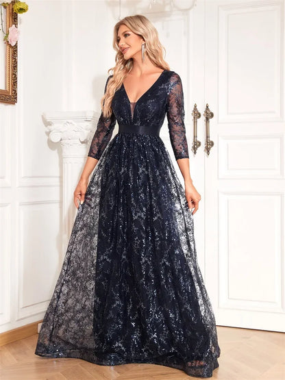 Elegant Blue V-Neck Floral Evening Dress