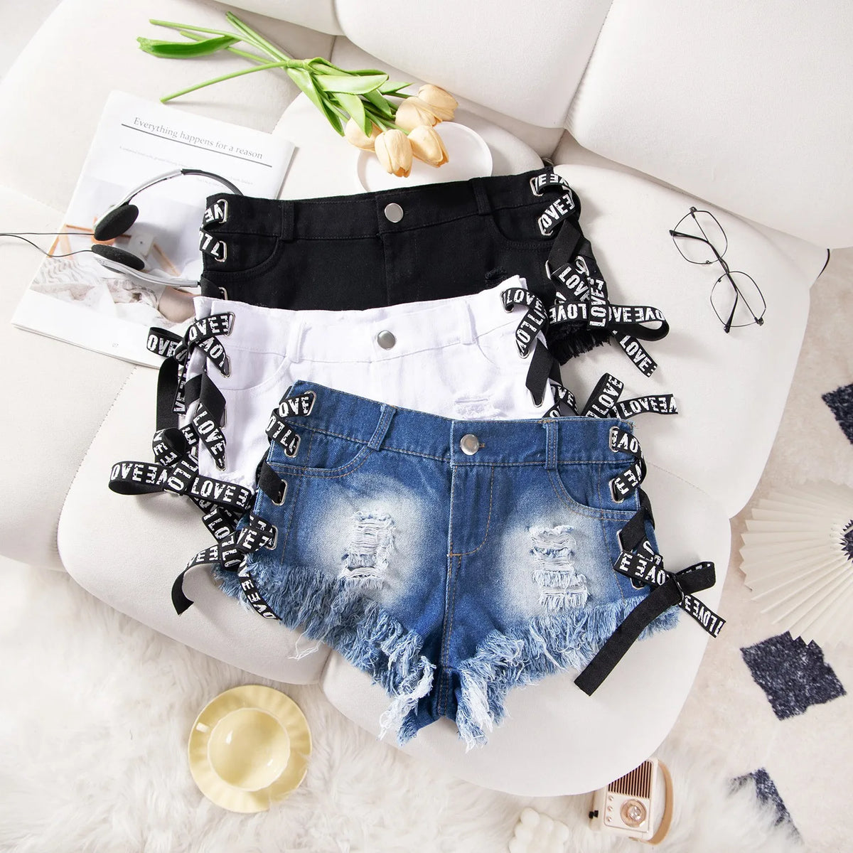 High-Waist Distressed Denim Shorts