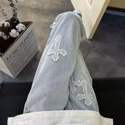 Cross Embroidery Loose Streetwear Jeans