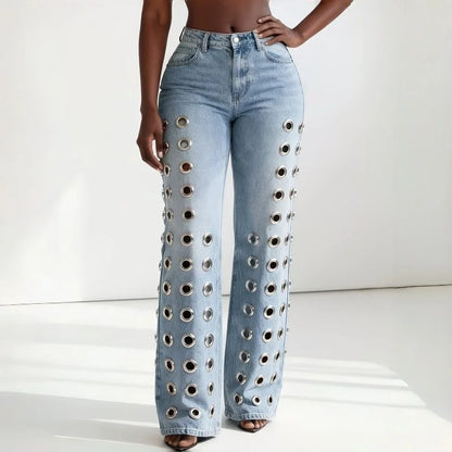 Cutout Metal Ring Bootcut Jeans