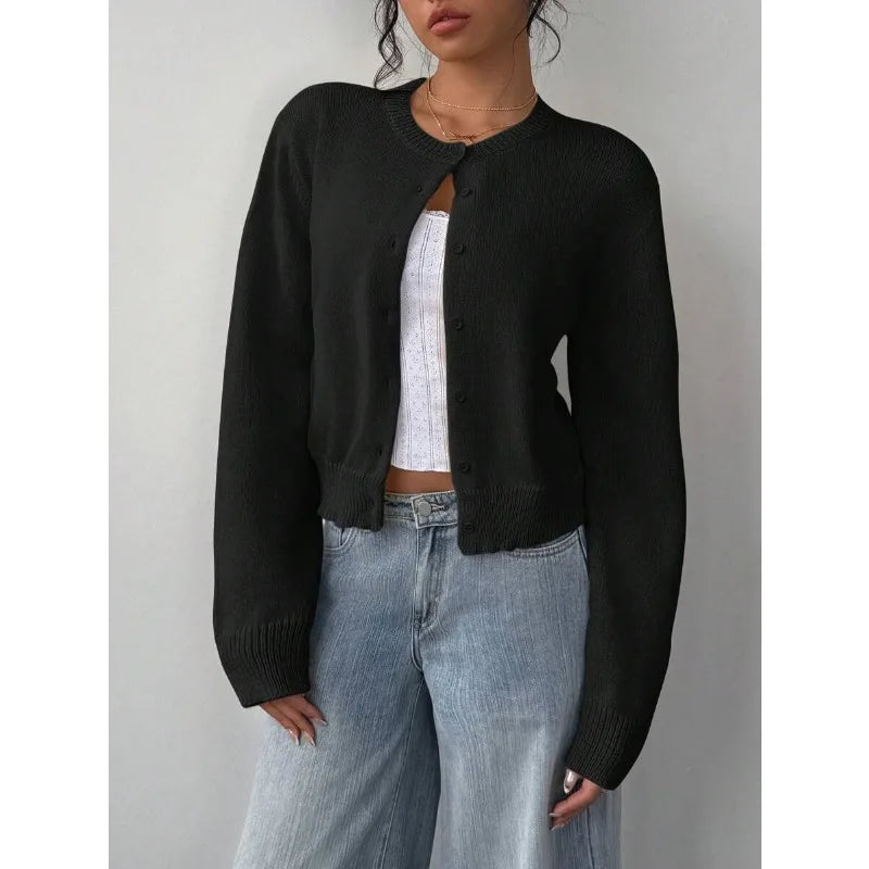 Cropped Button-Front Knit Cardigan