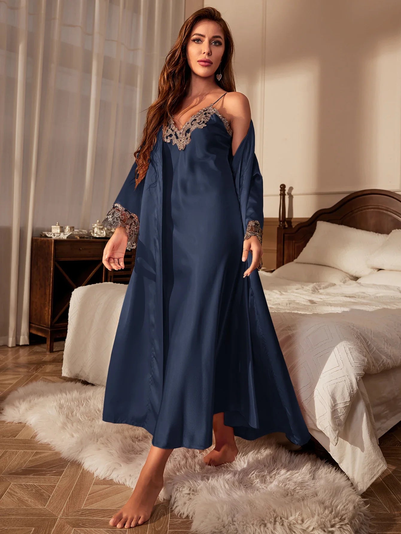 Contrast Lace Pajama Set with Belt
