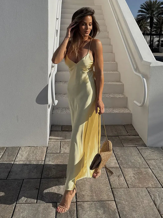 TRAFZA Summer Yellow Satin Maxi Dress