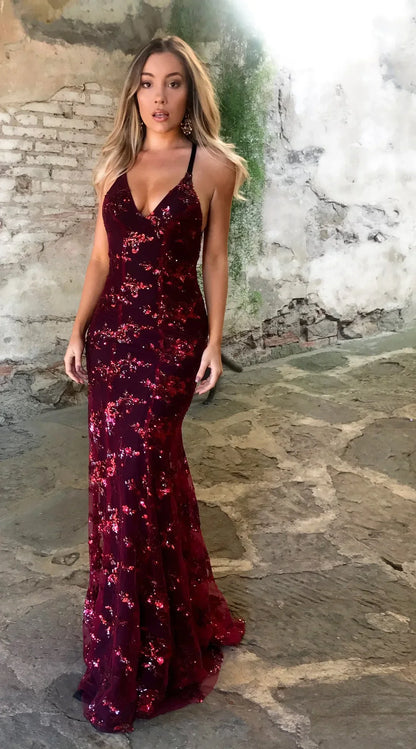Sequin Backless V-Neck Dress