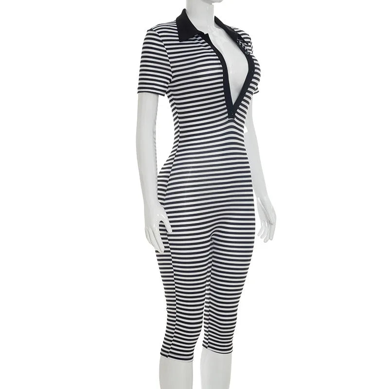 Striped V-Neck Button Jumpsuit