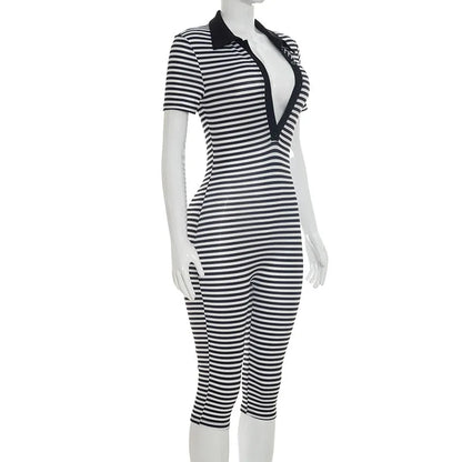 Striped V-Neck Button Jumpsuit