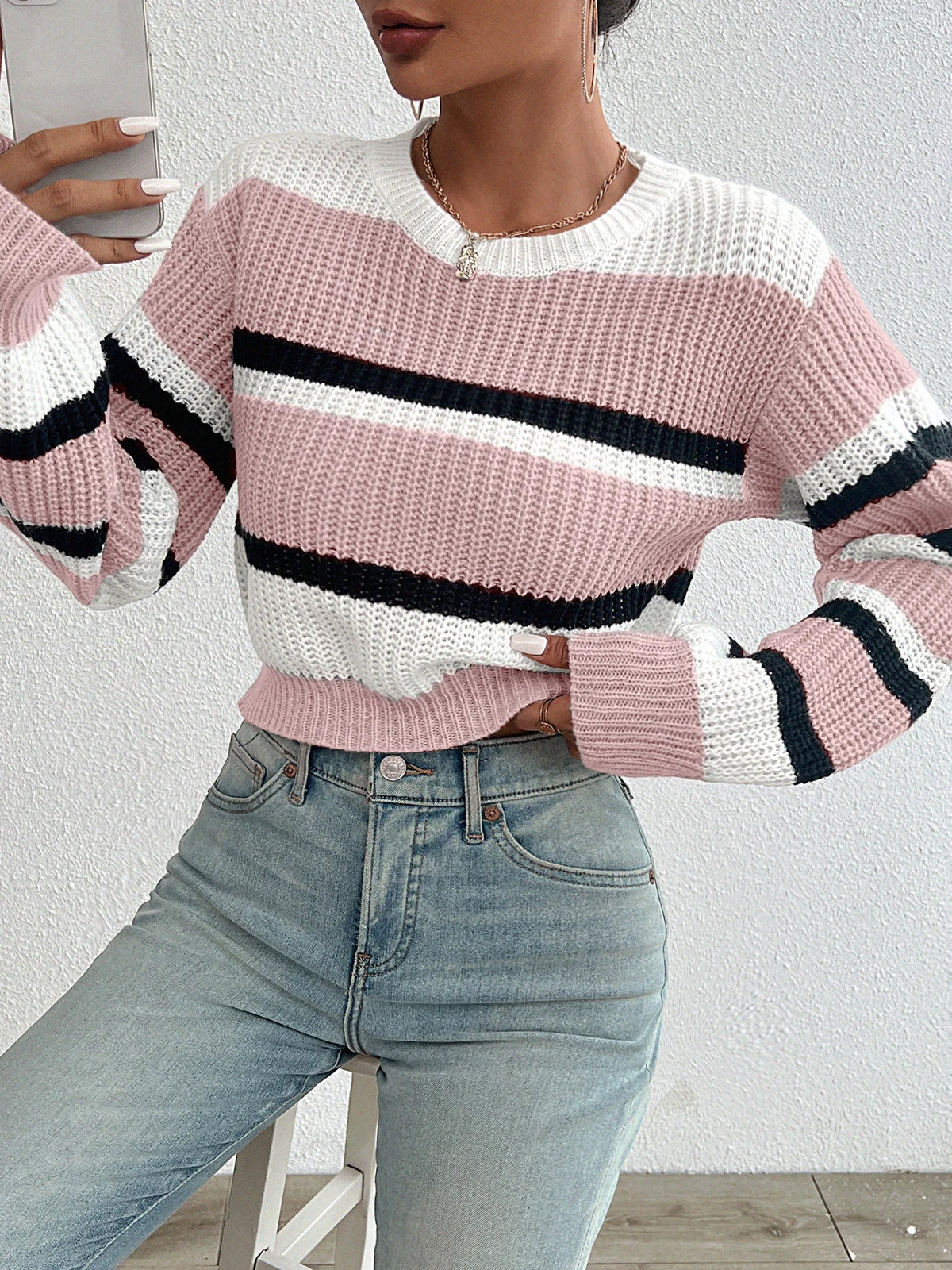 Drop-Shoulder Striped Acrylic Sweater