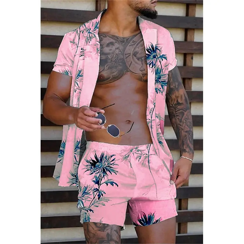 3D Flower Print Hawaiian Beach Set