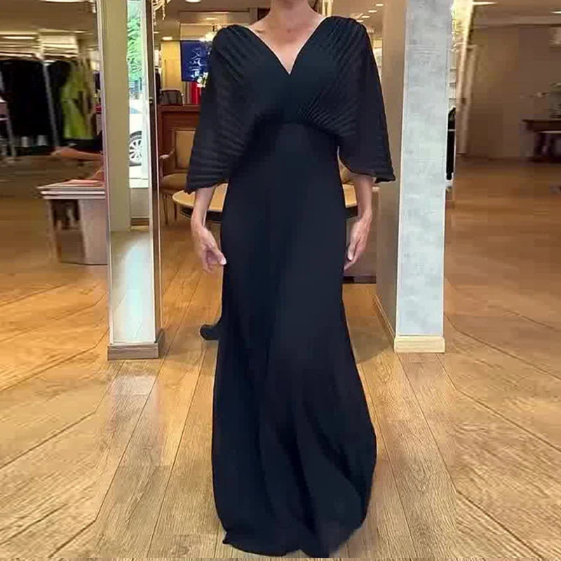 Elegant V-Neck Pleated Maxi Dress