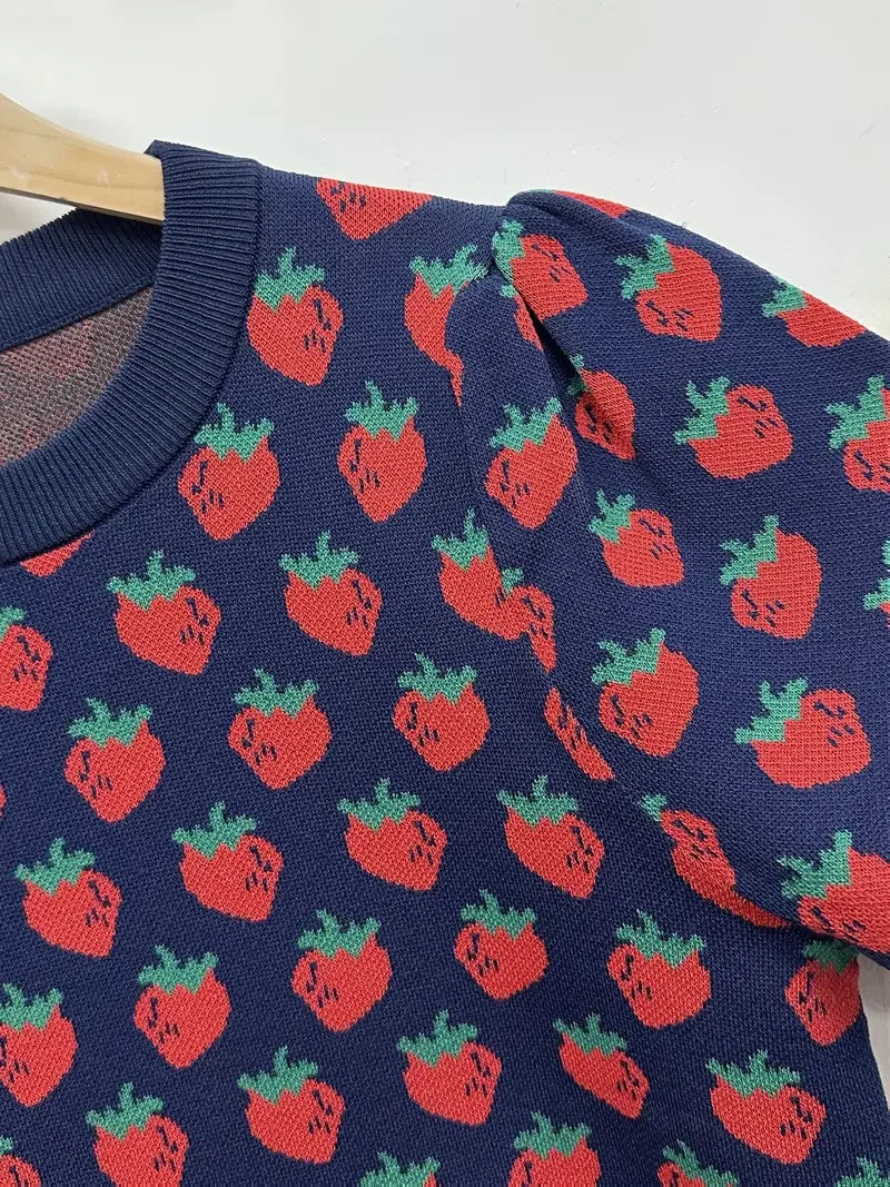 Strawberry Jacquard Puff Sleeve Sweater